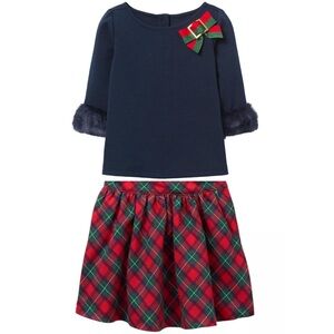 Janie and Jack Holiday Set: Navy Top w/ Faux Fur, Red Plaid Skirt | Size 5